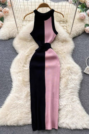 Serene Ribbed Knit Colorblock Back Tie-up Slit Stretch Midi Dress