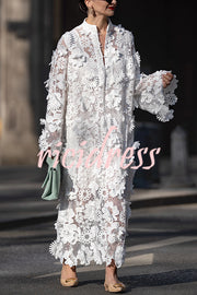 Solid Color Hollow Embroidery Loose Long Sleeve Midi Dress