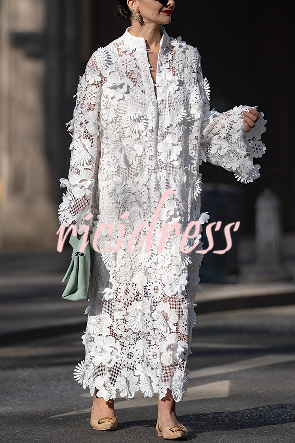 Solid Color Hollow Embroidery Loose Long Sleeve Midi Dress