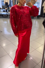 Celebration Day Sequin Patchwork Loose Sweatshirt and Satin Elastic Waist Maxi Skirt Set