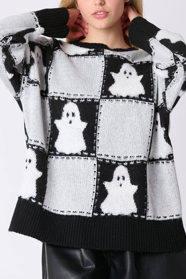 Halloween Plaid Ghost Loose Long Sleeve Knitted Sweater