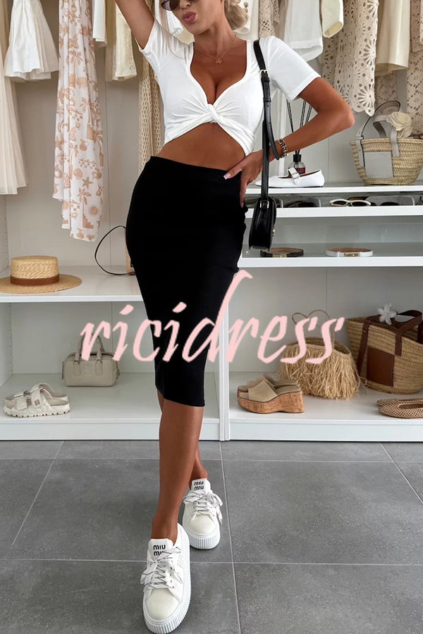 Perfect Basics Ribbed Knit Elastic Waistband Stretch Midi Skirt
