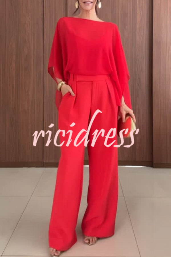 Vanie Chiffon Cape Batwing Sleeve Top and High Waist Pocket Wide Leg Pants Set