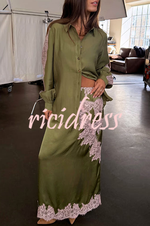 Eye-catching Work Contrast Color Lace Trim Button Up Long Sleeve Loose Blouse