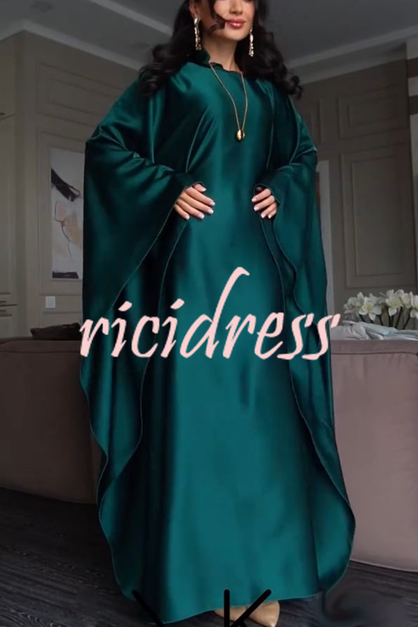 Dignified and Elegant Satin Batwing Sleeve with Waist Tie Design A-line Maxi Dress