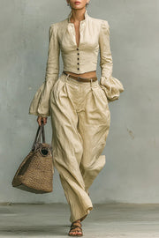 Linen-blend Long-sleeved Button-down Top and Relaxed-pocket Wide-leg Pants Set