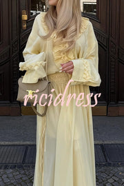 Solid Color Pleated Ruffled Tie Long Sleeve Loose Shirt