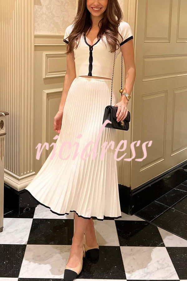 Stylish Stretch Fit Short-sleeve Top and Elastic Waist Midi Skirt Set