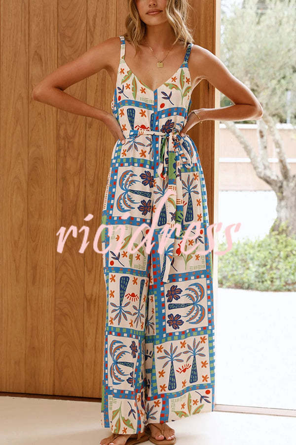 Unique Beach Vacation Print V-neck Suspenders Casual Wide-leg Jumpsuit
