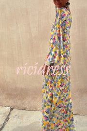 Indio Watercolor Print One Shoulder Drape Sleeve Maxi Dress