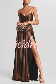 Goddess Temperament Metallic Pleated Fabric Off Shoulder Slit Maxi Dress