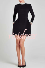Lovers Kiss Pearl Trim High Neck Long Sleeve Pocketed Tulip Mini Dress