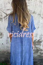 Bayside Bliss Linen Blend Short Sleeve Pleated Loose Midi Dress