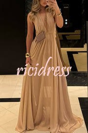 Ethereal Moment Tulle Cutout Ruched Waist Backless Halter Maxi Dress