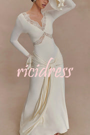 Fashion Lace Splicing Sexy V-neck Long-sleeved Slim Maxi Dress