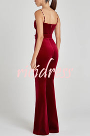 Eliza Luxurious Velvet Fabric Jewel-embellished Shoulder Straps Belted Flare Jumpsuit