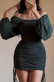 Sexy Square Neck Long Sleeve Slim Fit Pleated Tie Mini Dress