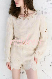 Fashionable Round Neck Long Sleeve Hollow Embroidered Top and Elastic Waist Loose Shorts Set