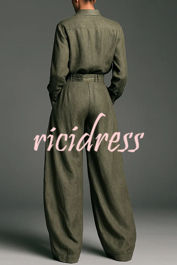 Linen Blend Lapel Long-sleeved Casual Shirt and High-waist Pocket Loose Wide-leg Pants Set