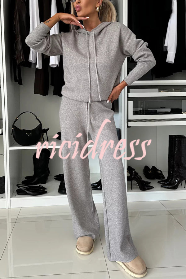 Solid Color Loose Hooded Tie Sweatshirt and Elastic Waist Casual Straight Pants Set