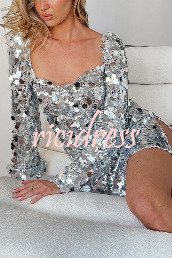 Bring The Disco Large Sequins Square Neck Long Bell Sleeve Backless Slit Mini Dress