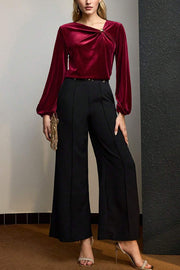 Fashionable Velvet Pleated Long-sleeved Knotted Casual Top