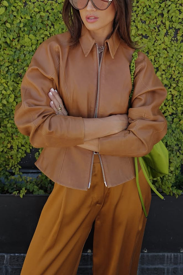 Pop of Brown Faux Leather Double Zipper Detail Balloon Sleeve Lapel Jacket