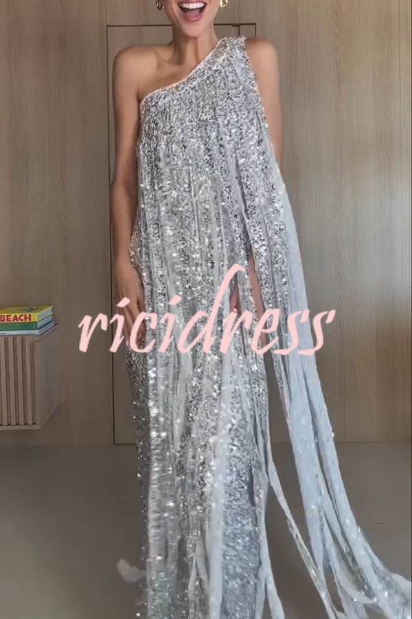 Holiday Muse Sequined Slit Tassels One Shoulder H-line Maxi Dress