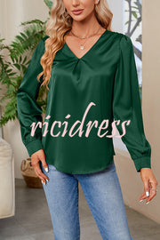 Satin Pleated V-neck Long-sleeved Loose Shirt