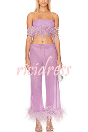 Music Carnival Glitter Stretch Fabric Feather Trim Tank and Elastic Waisted Flared Pants Set