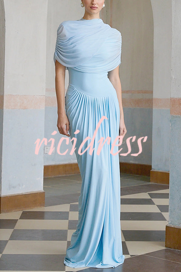 Elegant Mesh Cape-style Pleated Draped Maxi Dress