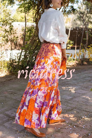 Resort Style Floral Print Elastic Waist Loose Stitching Maxi Skirt
