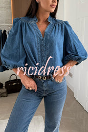 Fashion V-neck Button-down Lantern Sleeve Casual Denim Shirt