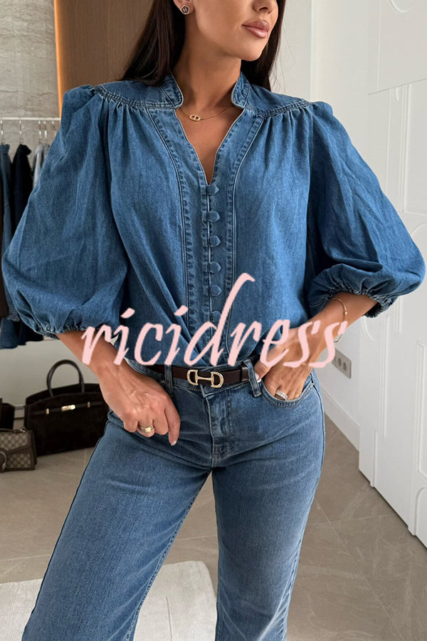Fashion V-neck Button-down Lantern Sleeve Casual Denim Shirt