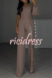 Carlisle One Shoulder Slit Lantern Sleeve Sequin Patchwork Wide Leg Party Jumpsuit