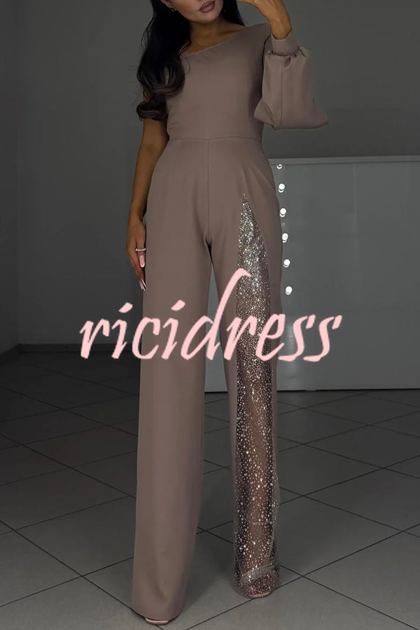 Carlisle One Shoulder Slit Lantern Sleeve Sequin Patchwork Wide Leg Party Jumpsuit