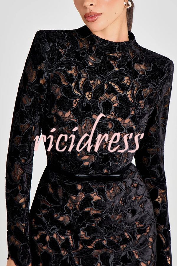 Diane Velvet Embroidered Floral Lace Long Sleeve Belt Scallop Edge Midi Dress