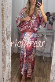 Satin Floral Print V-neck Half-sleeve Loose Top and Elegant Maxi Skirt Set