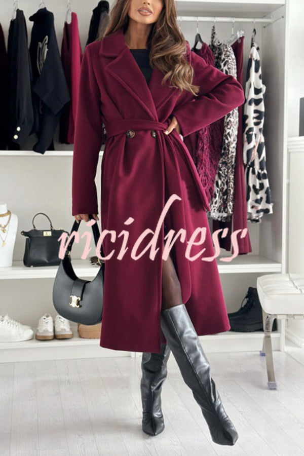 Solid Color Lapel Long Sleeve Waist Tie Long Coat