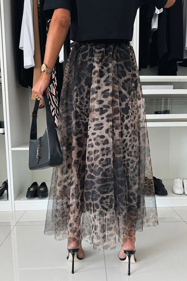 Autumn Jungle Tulle Leopard Print Elastic Waist A-line Maxi Skirt