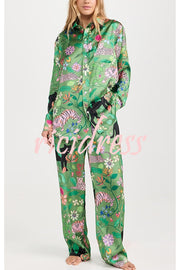 Quiet Jungle Satin Unique Print Long Sleeve Shirt and Elastic Waist Pocket Lounge Pants Set