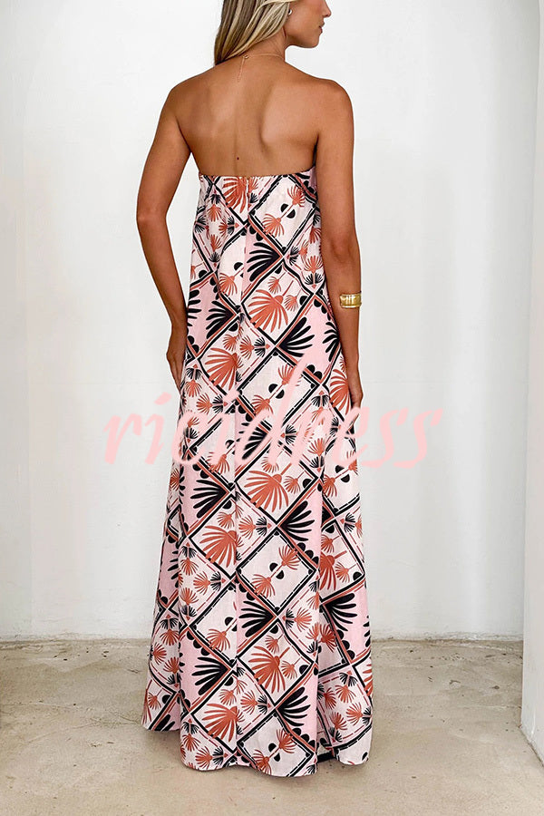 Unique Printed Sexy Strapless Backless Holiday Casual Maxi Dress