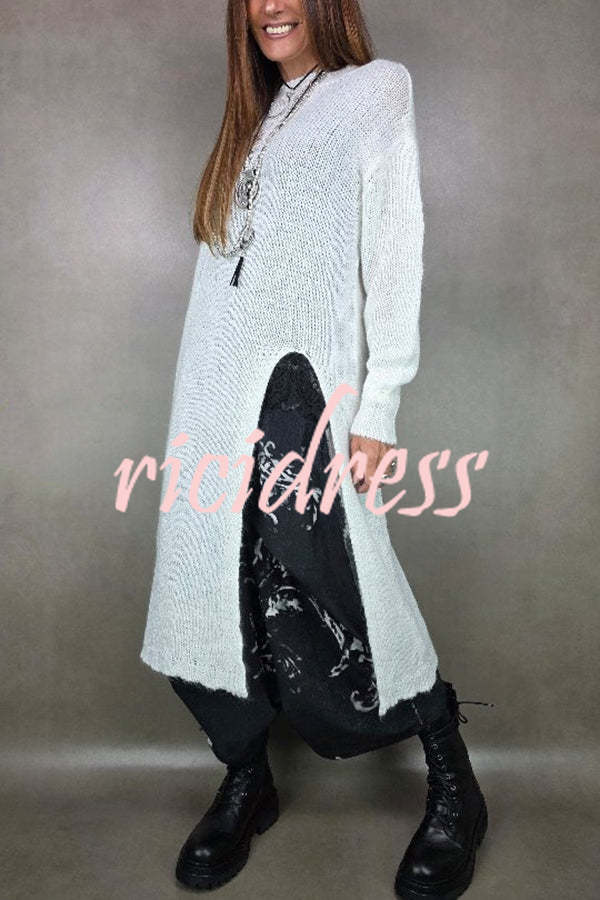 Solid Color Knitted Long-sleeved Casual Slit Midi Dress