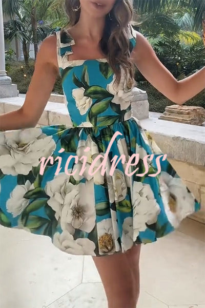 Fresh and Romantic Floral Print Square Neck Knotted Straps Mini Dress
