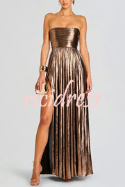 Artistic Quality Metallic Pleated Fabric Removable Straps Slit Maxi Dress