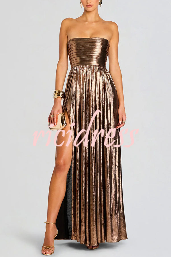 Artistic Quality Metallic Pleated Fabric Removable Straps Slit Maxi Dress