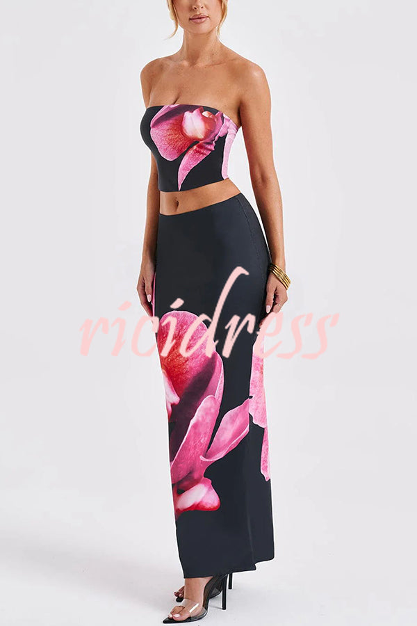 Allegra Abstract Floral Print Stretch Strapless Tank and Elastic Waist Maxi Skirt Set