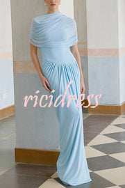 Elegant Mesh Cape-style Pleated Draped Maxi Dress
