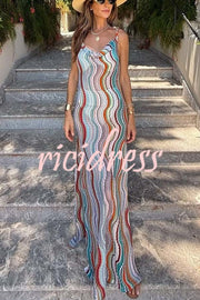 Clarissa Knit Colorful Wave Print Cowl Neck Open Back Slit Maxi Dress