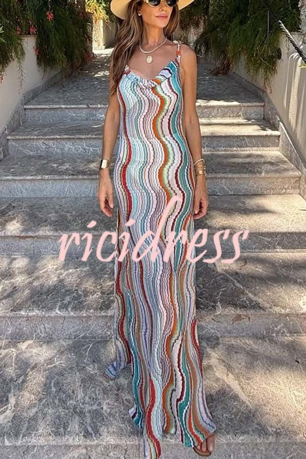 Clarissa Knit Colorful Wave Print Cowl Neck Open Back Slit Maxi Dress